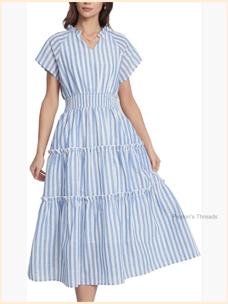 Striped V Neck Elastic Waist Maxi Dress With Pockets Short Sleeve